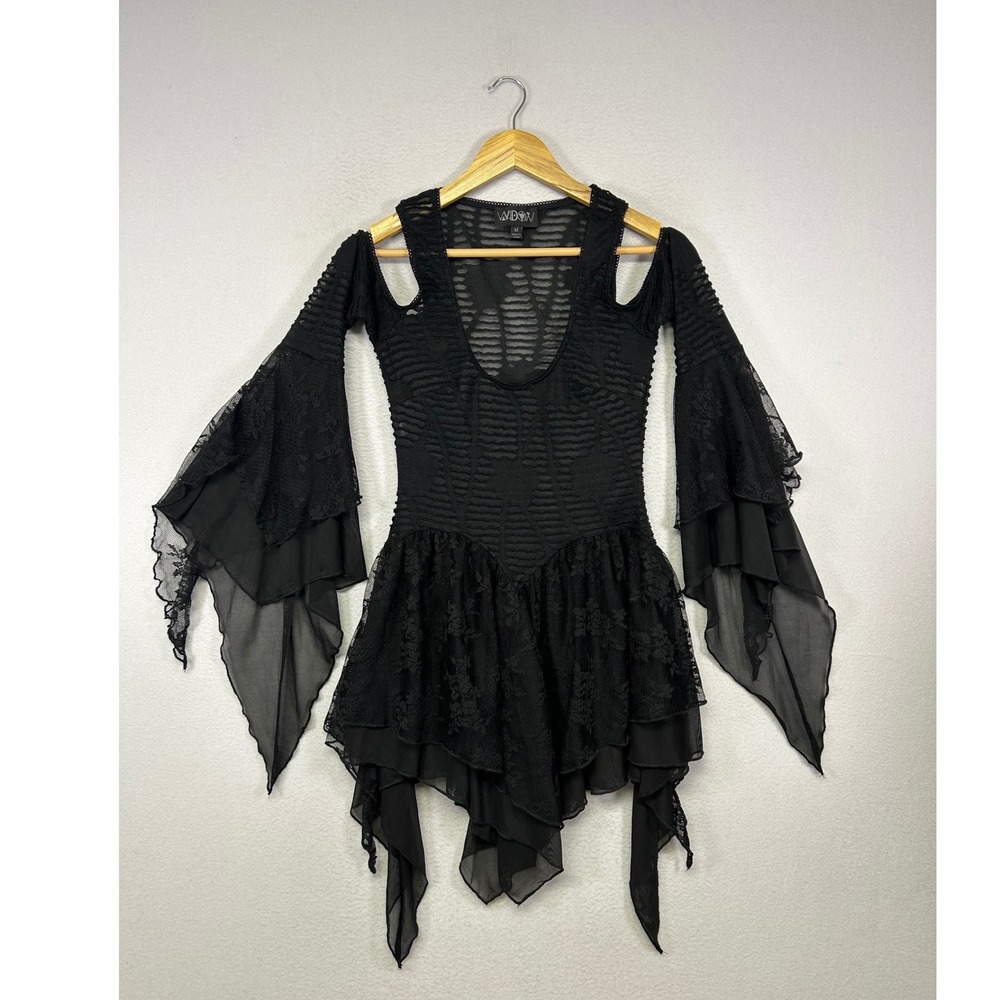 Goth Whimsigoth Widow Dolls Kill M Black Lace Bell Sleeve Cold Shoulder Dress